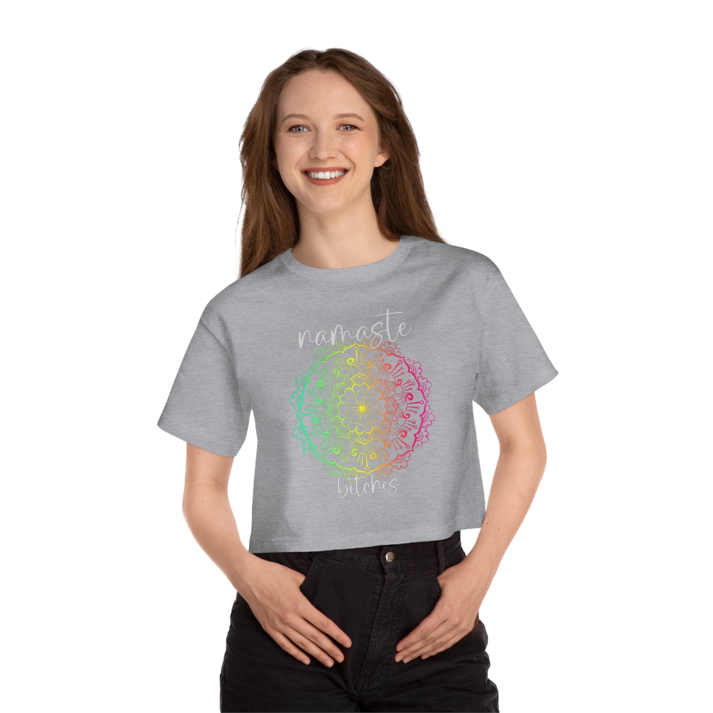 SolLingo Namaste Bitches Champion Women's Heritage Cropped T-Shirt in Black or Grey