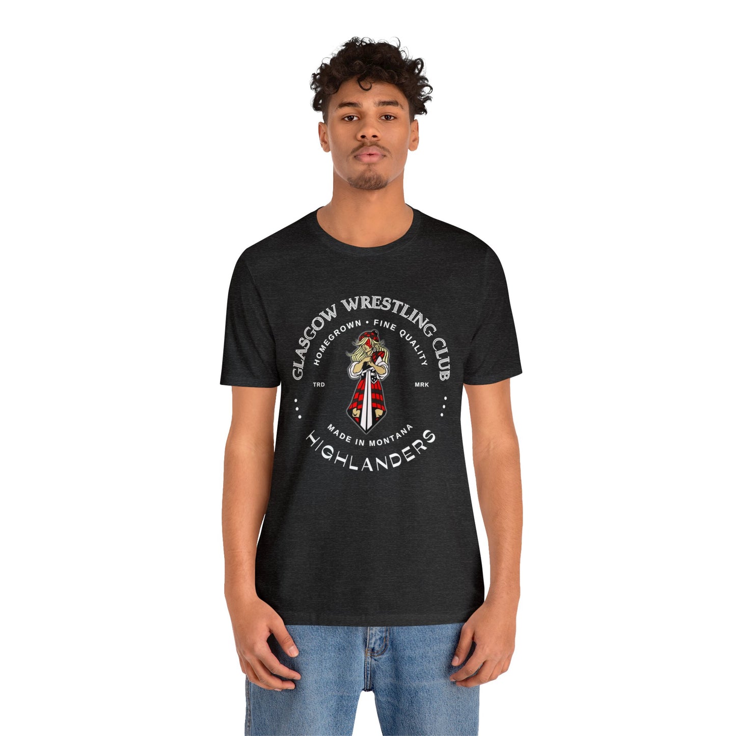 Glasgow Highlanders for her Trademark Adult Unisex Jersey Short Sleeve Tee in Black, Athletic Heather, Dark Grey Heather, or Heather Red