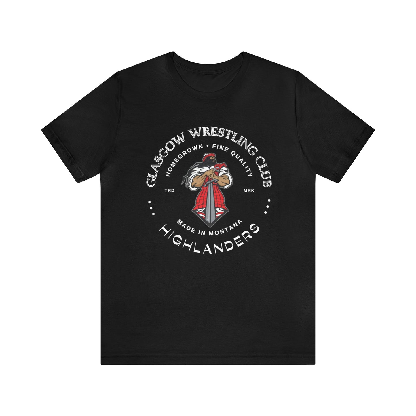 Glasgow Highlanders for him Trade Mark Adult Unisex Jersey Short Sleeve Tee in Black, Athletic Heather, Dark Grey Heather, or Heather Red