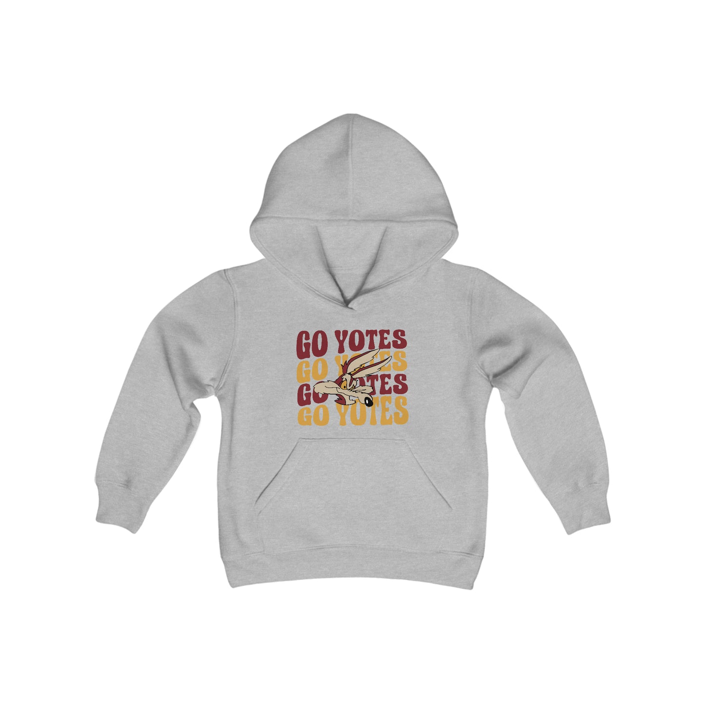 Shelby Coyotes Go Yotes with Mascot Youth Heavy Blend Hooded Sweatshirt in White or Grey, Black, or Heathered Charcoal