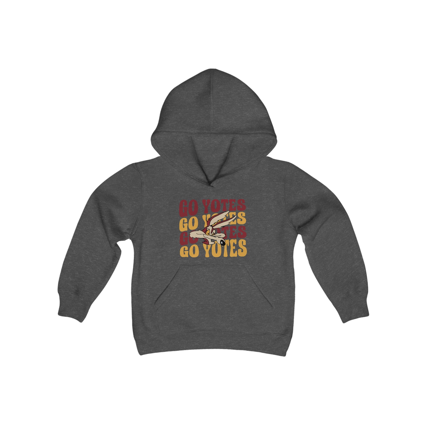 Shelby Coyotes Go Yotes with Mascot Youth Heavy Blend Hooded Sweatshirt in White or Grey, Black, or Heathered Charcoal