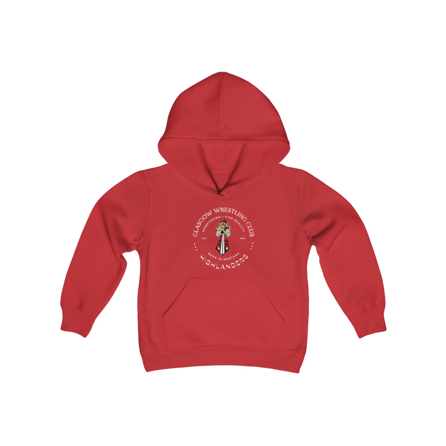 Glasgow Highlanders for her Trademark Youth Heavy Blend Hooded Sweatshirt in Black, Dark Heather, Sport Grey, or Red