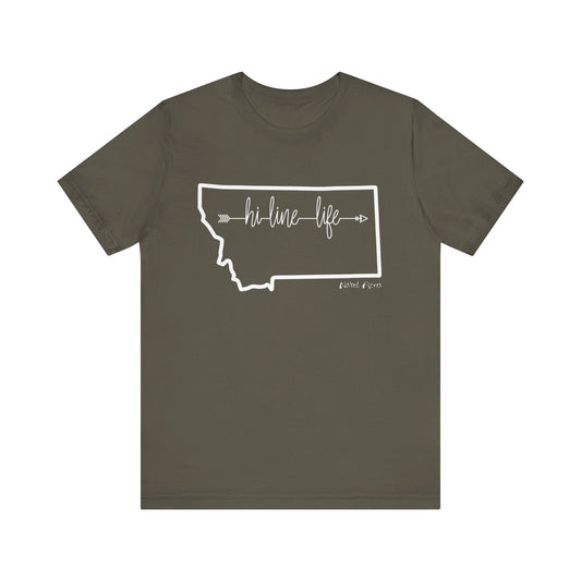 Naked Acres Hi-Line Life MT Adult Unisex Jersey Short Sleeve Tee in Black, Deep Heather,  or Army