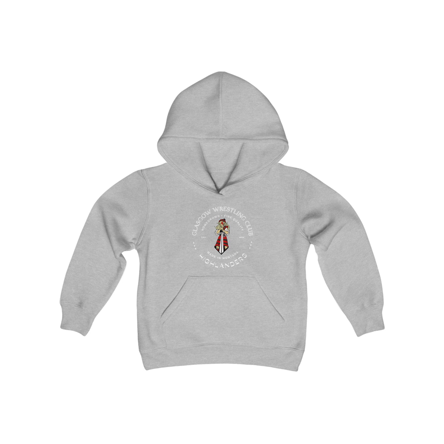 Glasgow Highlanders for her Trademark Youth Heavy Blend Hooded Sweatshirt in Black, Dark Heather, Sport Grey, or Red