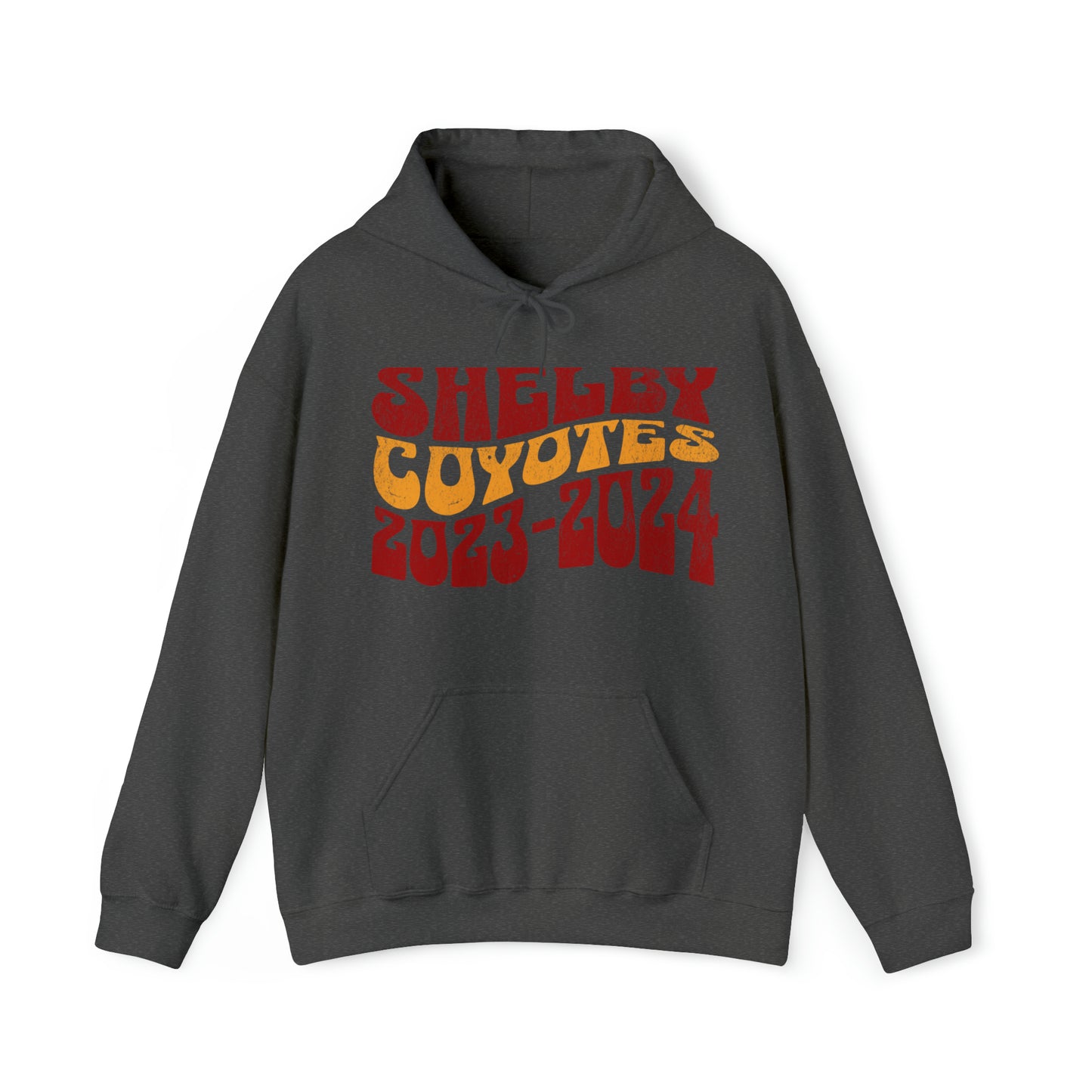 Shelby Coyotes 23 24 Adult Unisex Hoodie in Black, White, Dark Heather, and Sport Grey