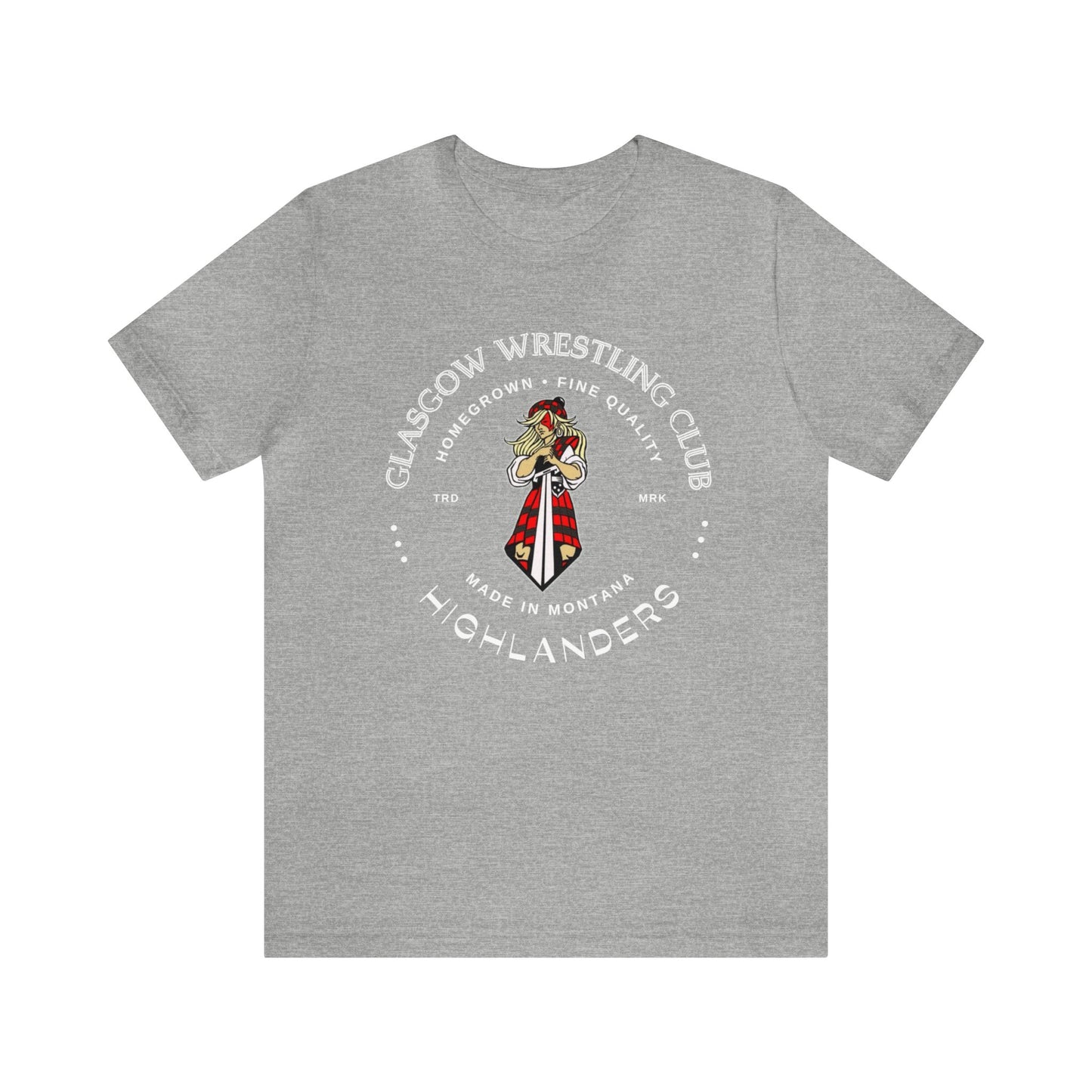 Glasgow Highlanders for her Trademark Adult Unisex Jersey Short Sleeve Tee in Black, Athletic Heather, Dark Grey Heather, or Heather Red