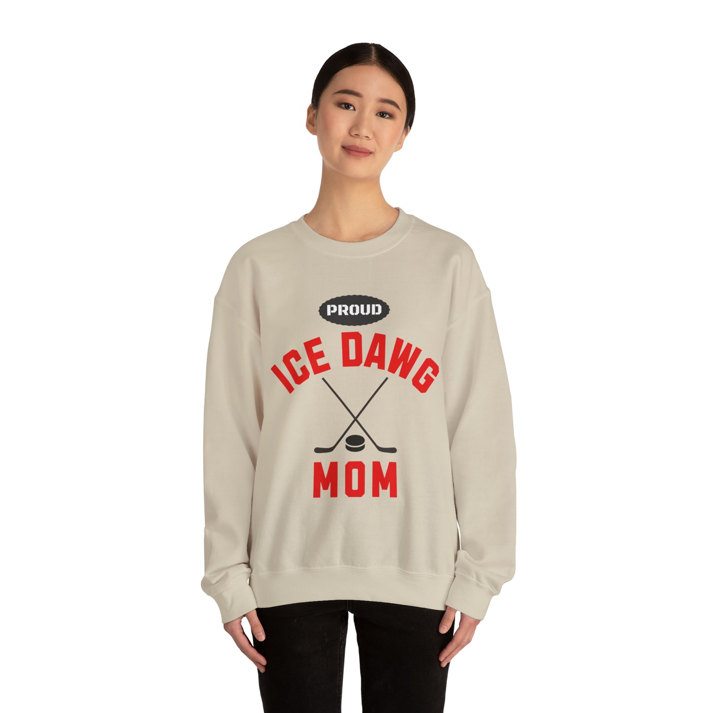 Glasgow Ice Dawgs Proud Mom Adult Unisex Heavy Blend™ Crewneck Sweatshirt in White, Grey, or Sand