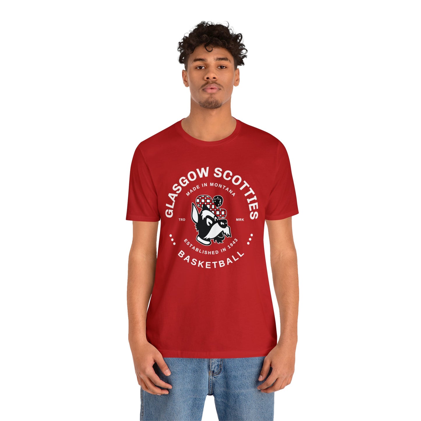 Glasgow Scotties Basketball Trademark Adult Unisex Jersey Short Sleeve Tee in Black, Red or Heather Red