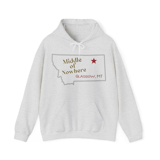 Naked Acres Middle of Nowhere Adult Unisex Heavy Blend™ Hooded Sweatshirt in White, Ash, Black, Sand, Forest Green, Dark Heather, and Navy