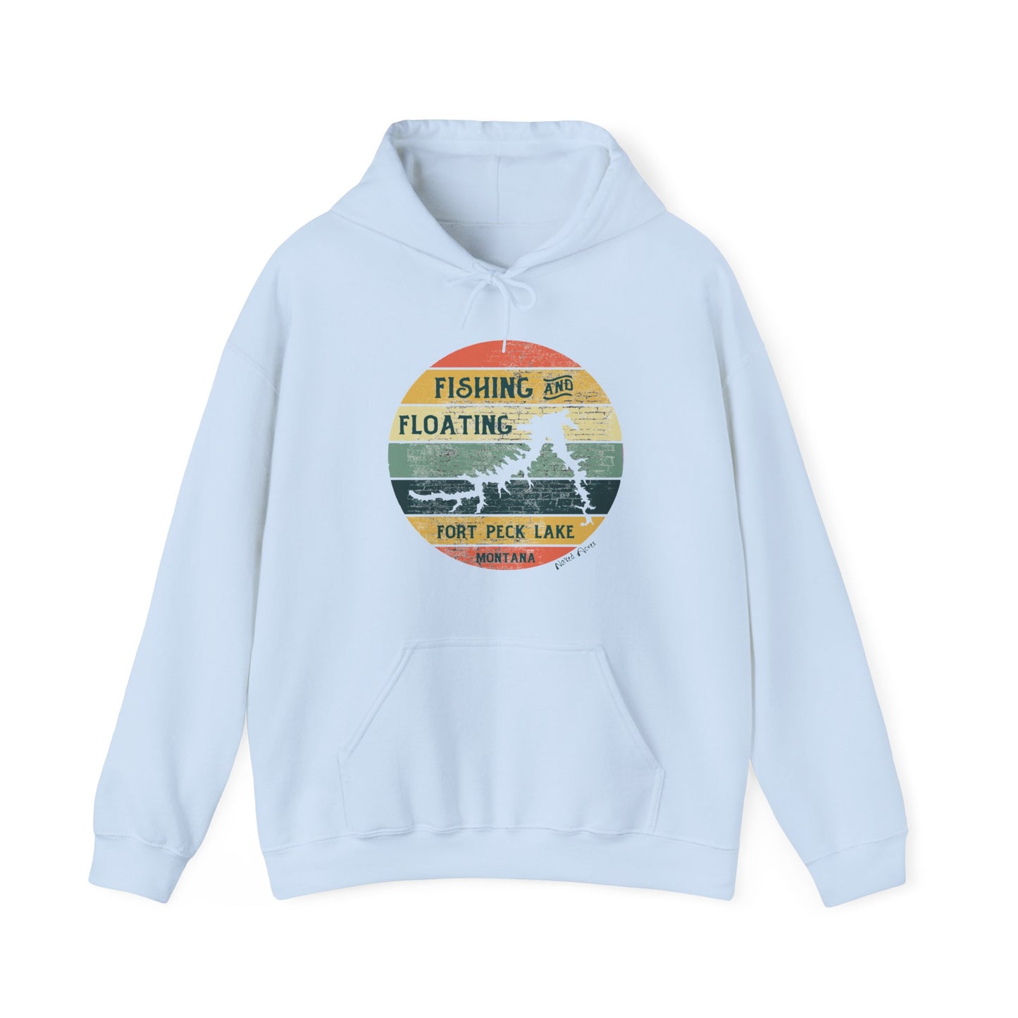 Naked Acres Fishing and Floating Fort Peck Lake MT Adult Unisex Heavy Blend™ Hooded Sweatshirt in White, Ash, Sand, Forest Green, Light Blue, and Navy