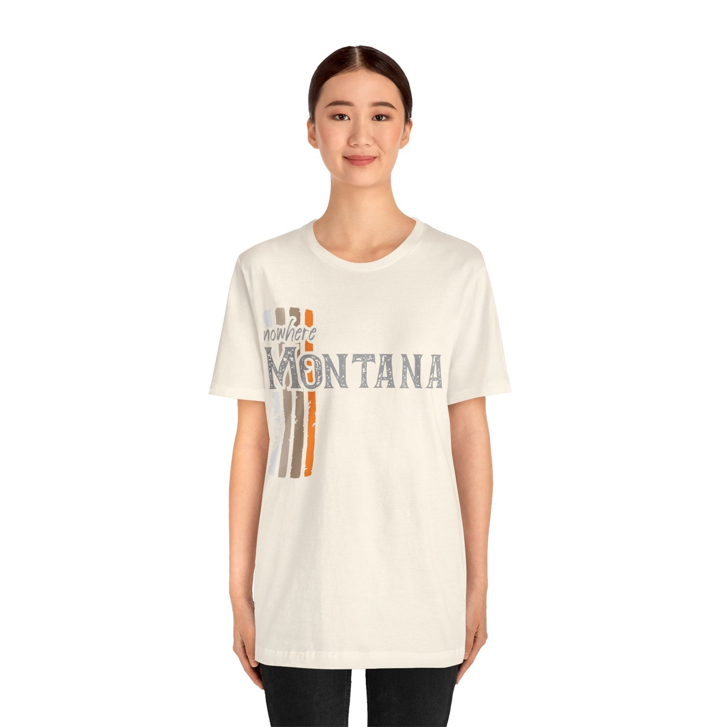 Naked Acres Nowhere Montana Adult Unisex Jersey Short Sleeve Tee in White, Natural, Heather Olive, and Army