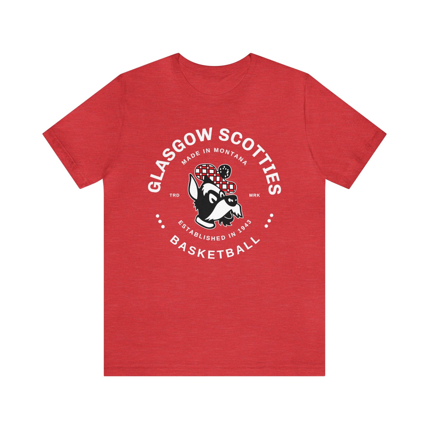 Glasgow Scotties Basketball Trademark Adult Unisex Jersey Short Sleeve Tee in Black, Red or Heather Red