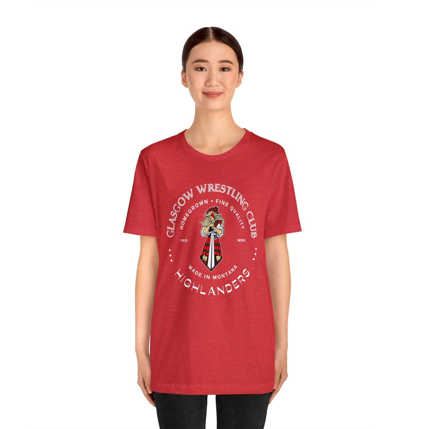 Glasgow Highlanders for her Trademark Adult Unisex Jersey Short Sleeve Tee in Black, Athletic Heather, Dark Grey Heather, or Heather Red