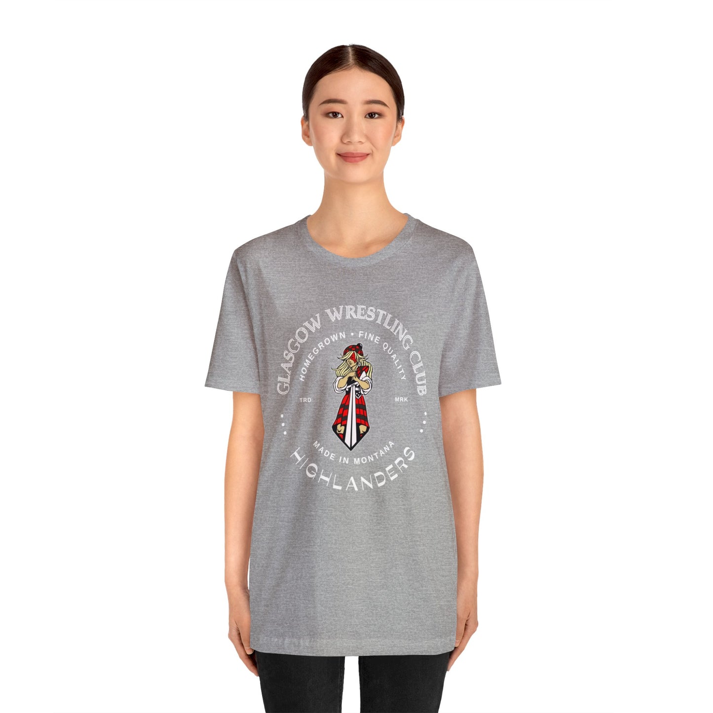 Glasgow Highlanders for her Trademark Adult Unisex Jersey Short Sleeve Tee in Black, Athletic Heather, Dark Grey Heather, or Heather Red