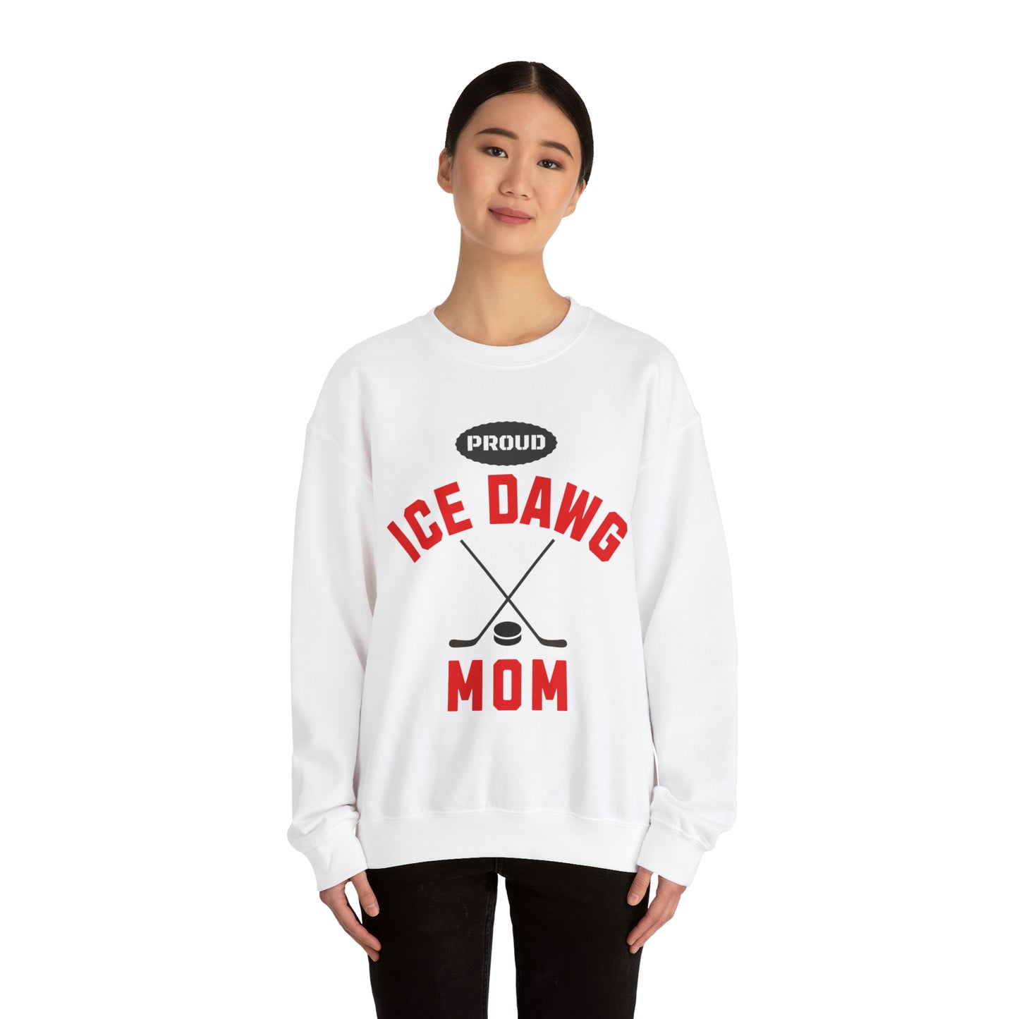 Glasgow Ice Dawgs Proud Mom Adult Unisex Heavy Blend™ Crewneck Sweatshirt in White, Grey, or Sand