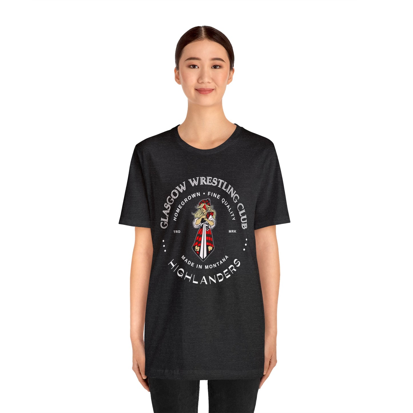 Glasgow Highlanders for her Trademark Adult Unisex Jersey Short Sleeve Tee in Black, Athletic Heather, Dark Grey Heather, or Heather Red