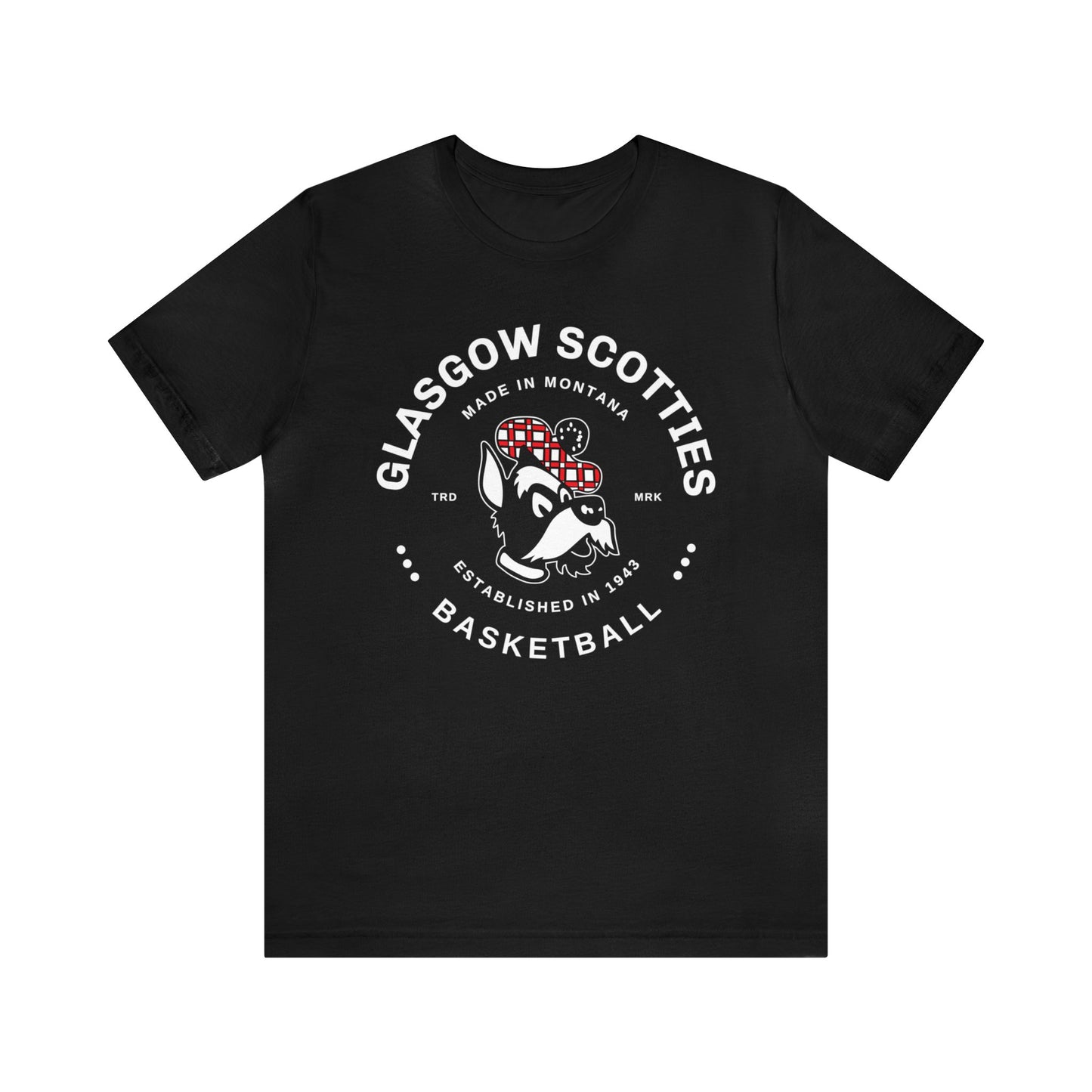 Glasgow Scotties Basketball Trademark Adult Unisex Jersey Short Sleeve Tee in Black, Red or Heather Red