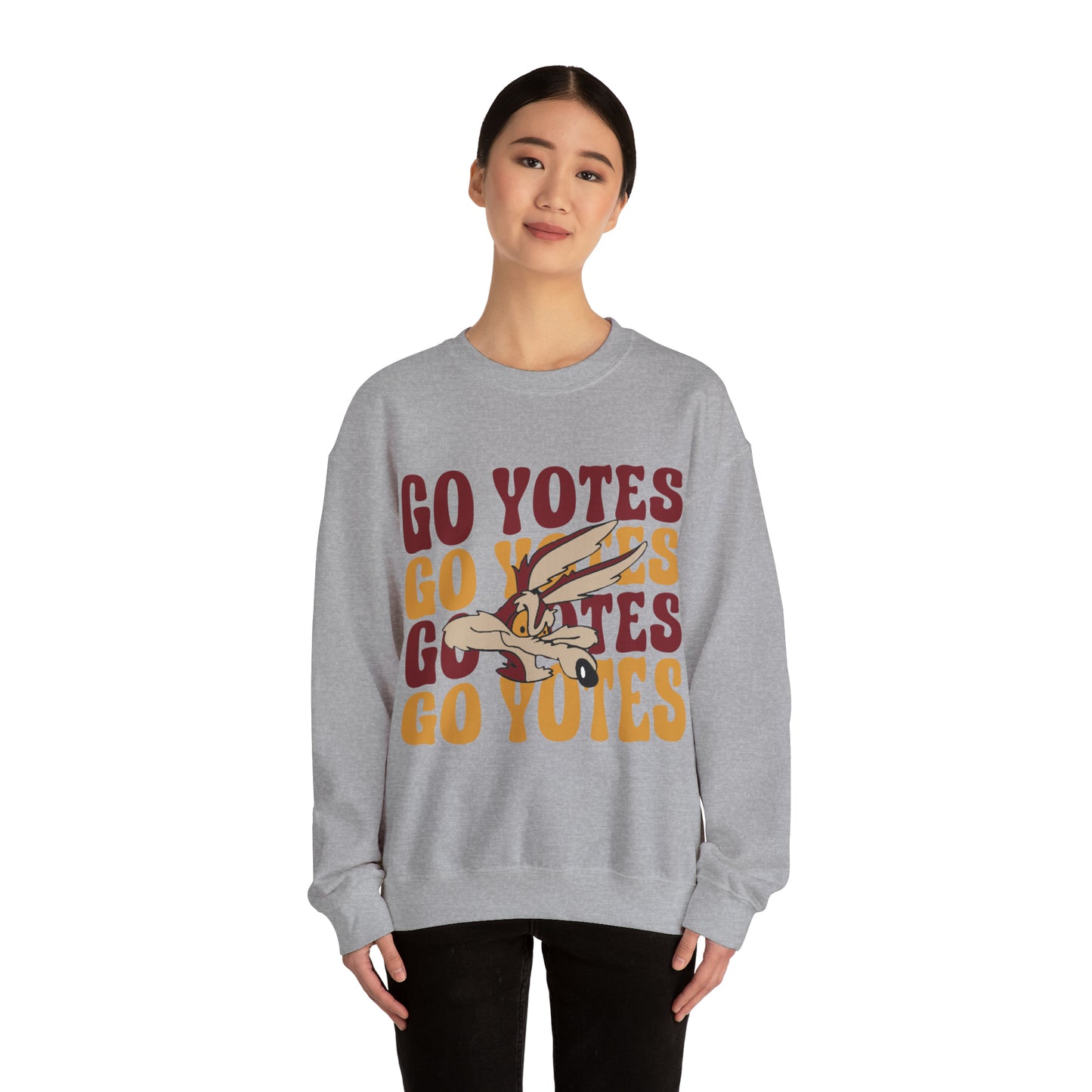 Shelby Coyotes Go Yotes with Mascot Adult Unisex Heavy Blend™ Crewneck Sweatshirt in Black, White, Grey, or Sand