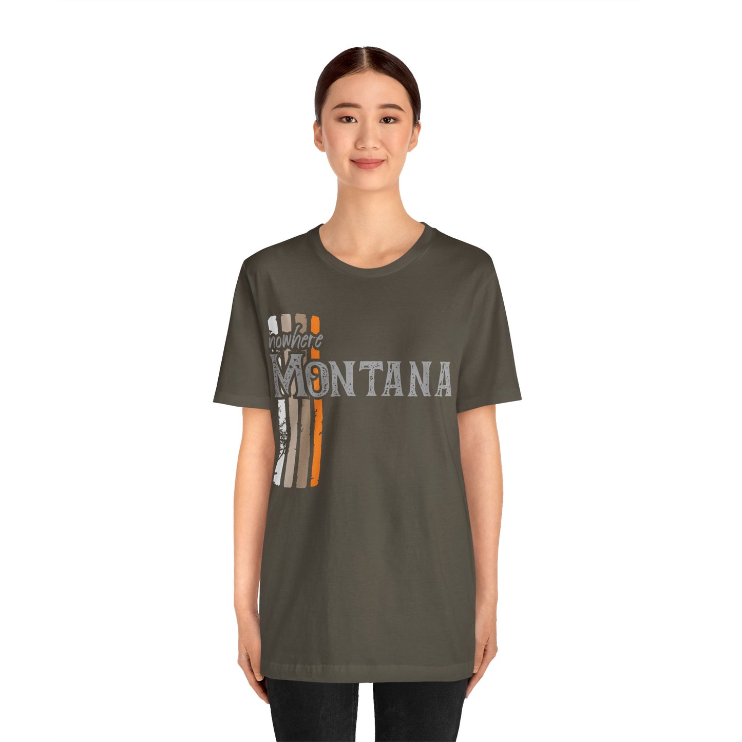 Naked Acres Nowhere Montana Adult Unisex Jersey Short Sleeve Tee in White, Natural, Heather Olive, and Army