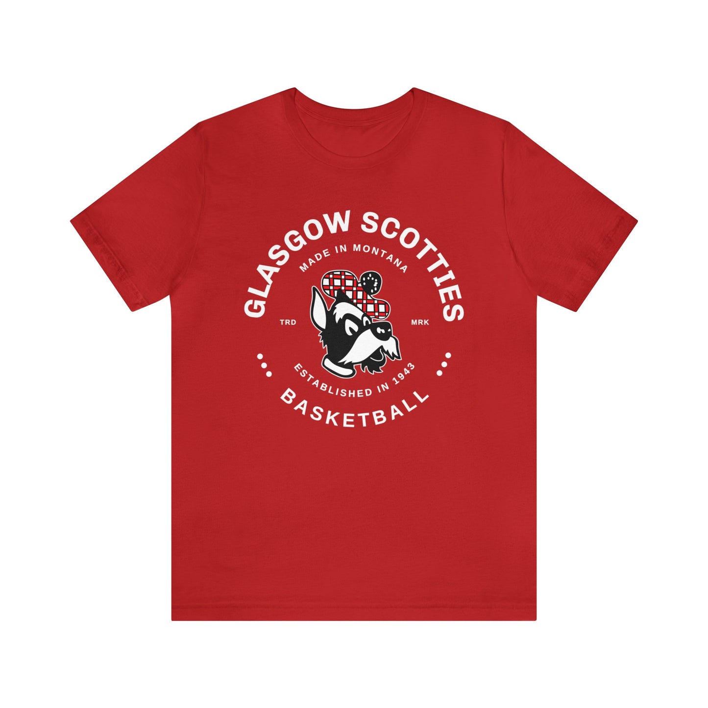 Glasgow Scotties Basketball Trademark Adult Unisex Jersey Short Sleeve Tee in Black, Red or Heather Red