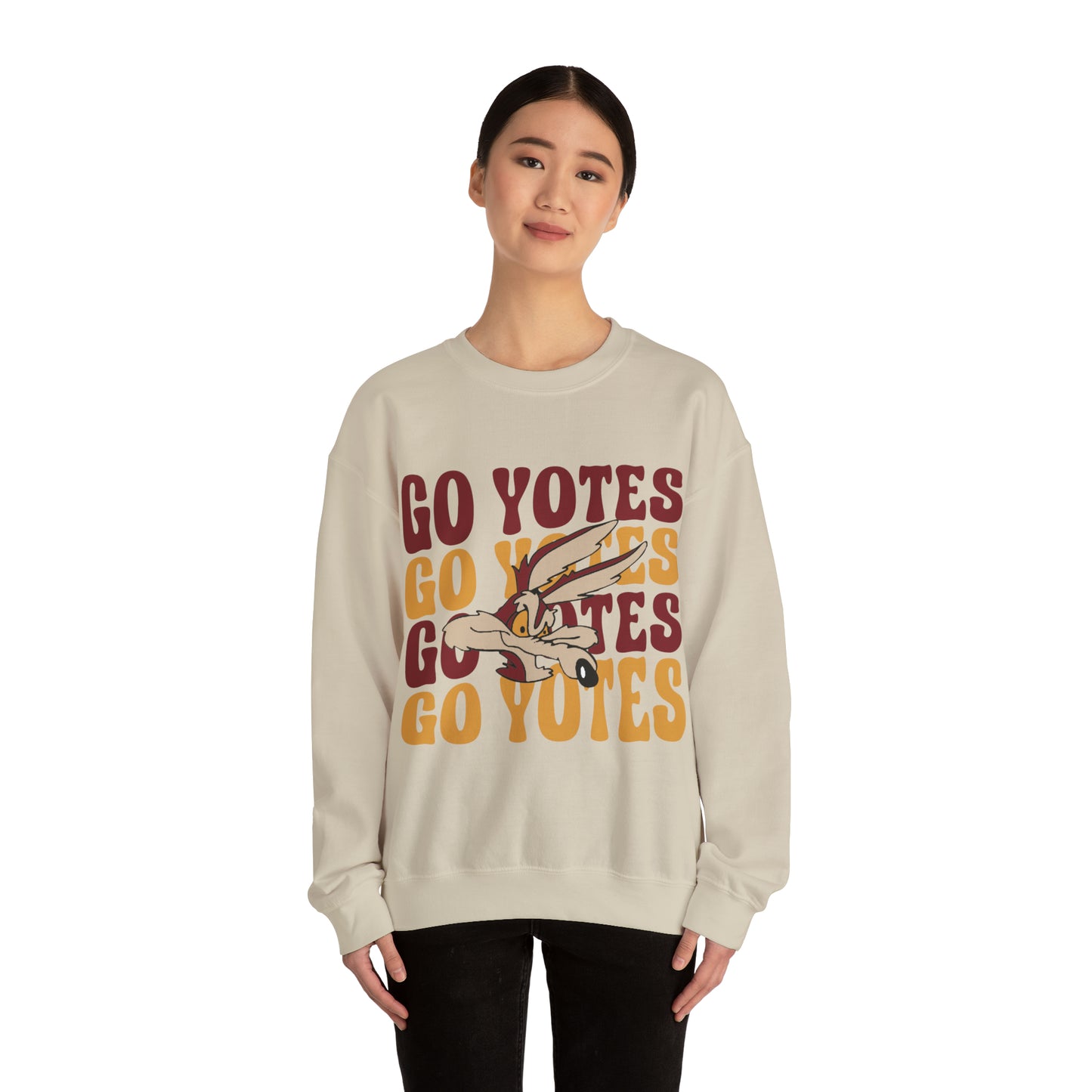 Shelby Coyotes Go Yotes with Mascot Adult Unisex Heavy Blend™ Crewneck Sweatshirt in Black, White, Grey, or Sand