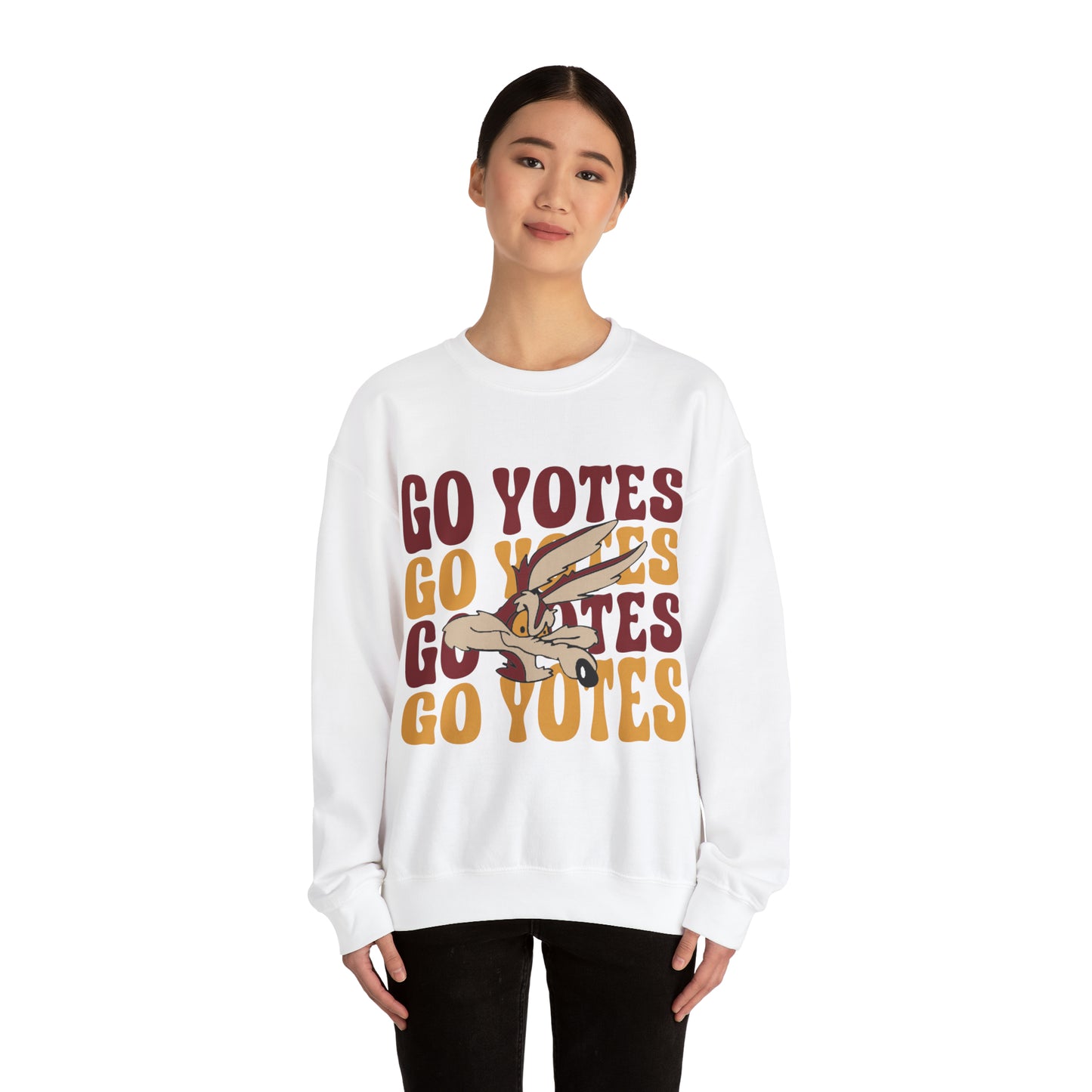 Shelby Coyotes Go Yotes with Mascot Adult Unisex Heavy Blend™ Crewneck Sweatshirt in Black, White, Grey, or Sand