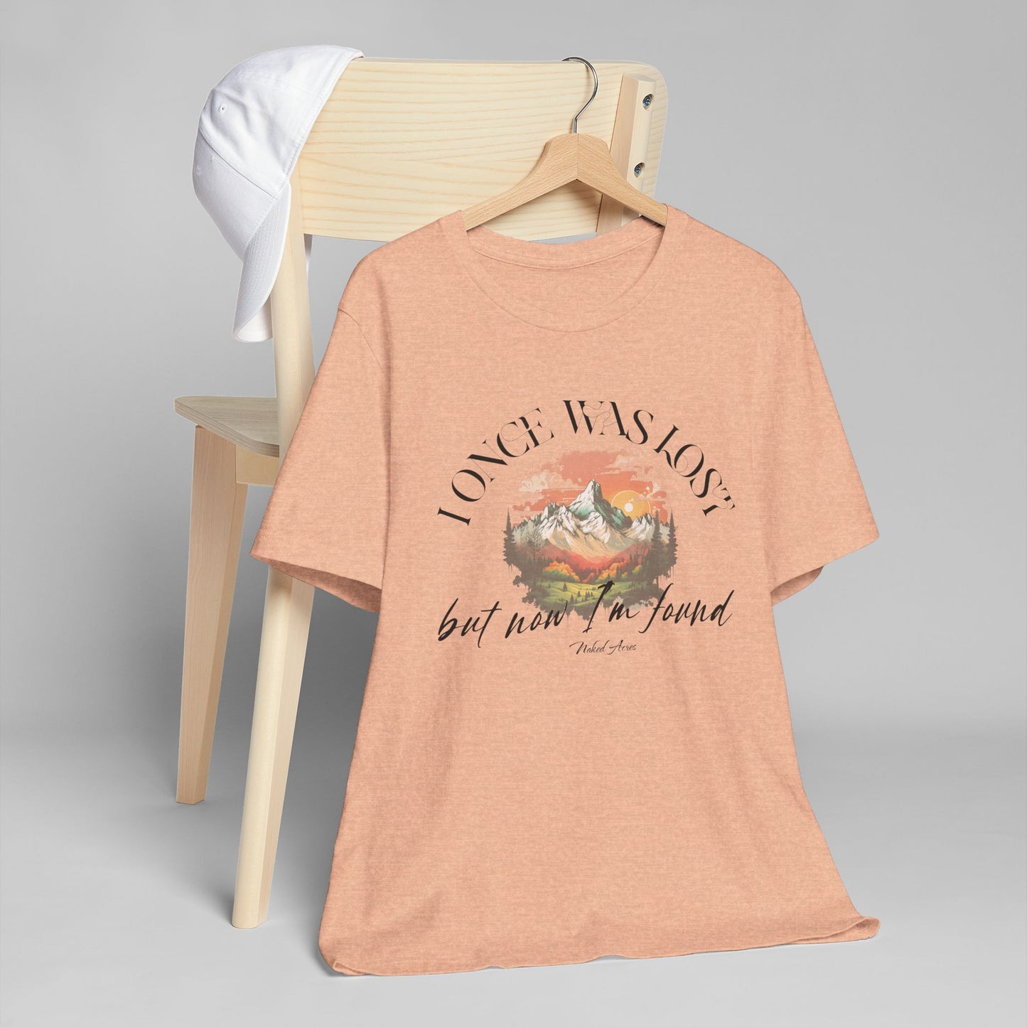 I Once Was Lost Adult Unisex Jersey Short Sleeve Tee in White, Soft Cream, Silver, and Heather Peach