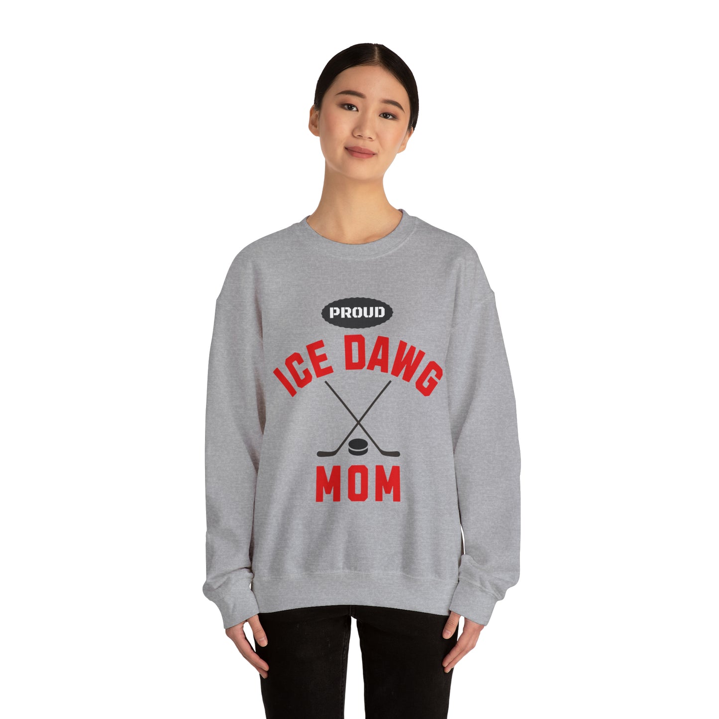 Glasgow Ice Dawgs Proud Mom Adult Unisex Heavy Blend™ Crewneck Sweatshirt in White, Grey, or Sand