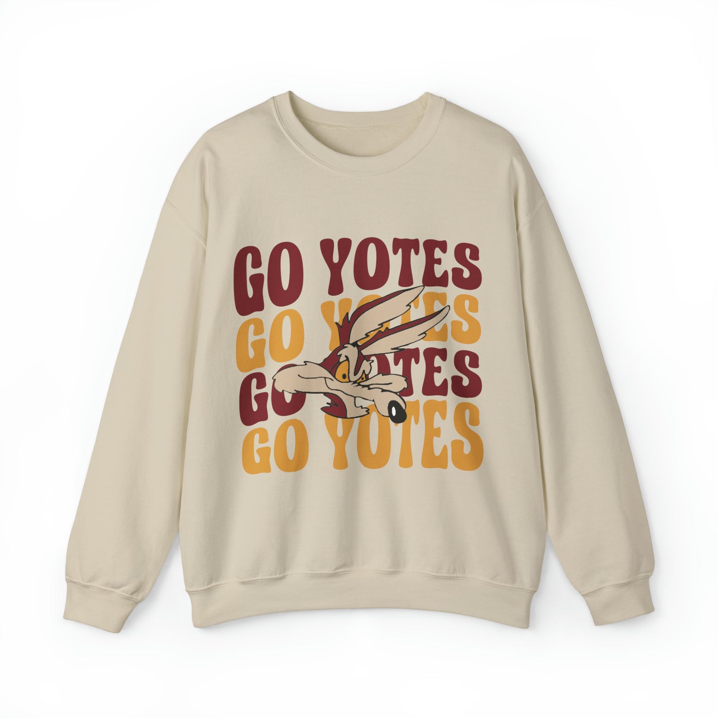 Shelby Coyotes Go Yotes with Mascot Adult Unisex Heavy Blend™ Crewneck Sweatshirt in Black, White, Grey, or Sand