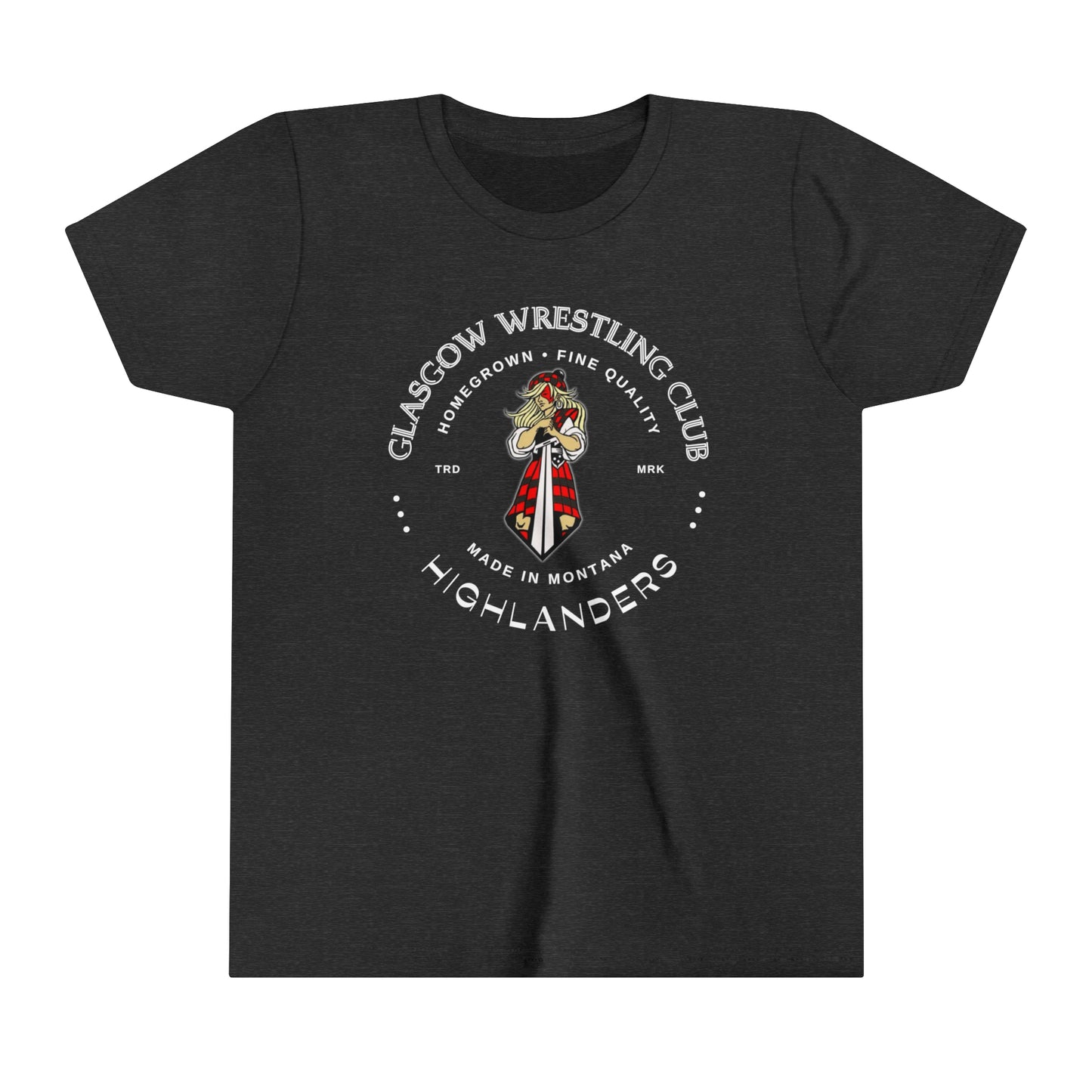 Glasgow Highlanders for her TradeMark Youth Short Sleeve Tee in Black, Dark Grey Heather, Athletic Heather, or Heather Red