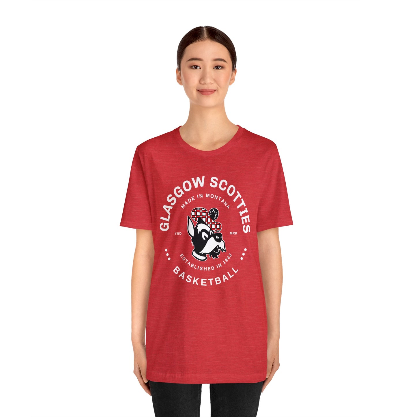 Glasgow Scotties Basketball Trademark Adult Unisex Jersey Short Sleeve Tee in Black, Red or Heather Red