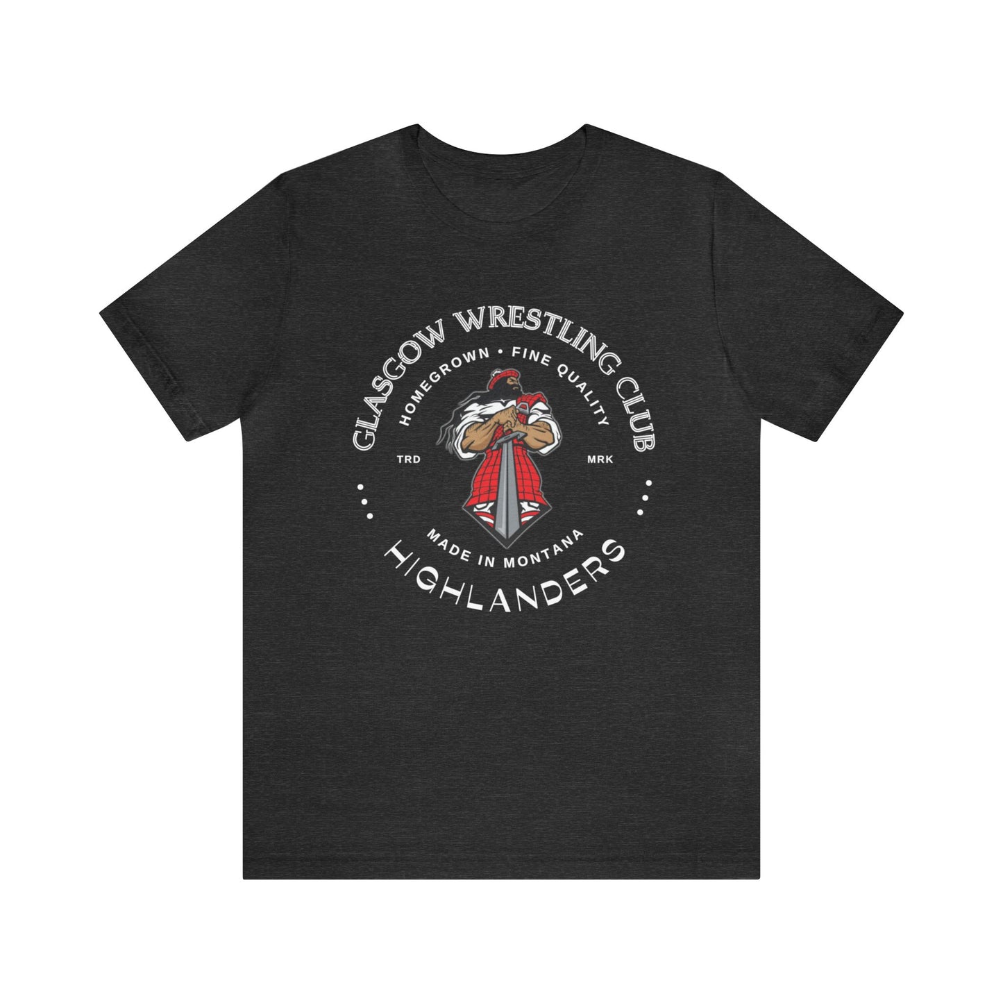 Glasgow Highlanders for him Trade Mark Adult Unisex Jersey Short Sleeve Tee in Black, Athletic Heather, Dark Grey Heather, or Heather Red