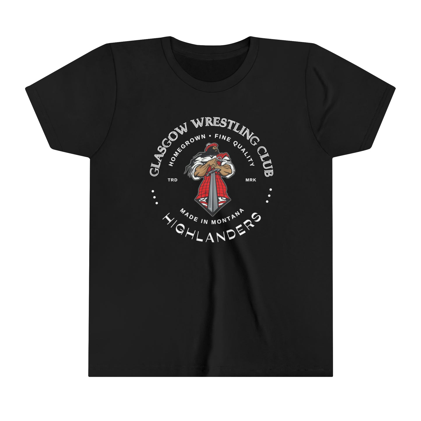 Glasgow Highlanders for him Trade Mark Youth Short Sleeve Tee in Black, Dark Grey Heather, Athletic Heather, or Heather Red