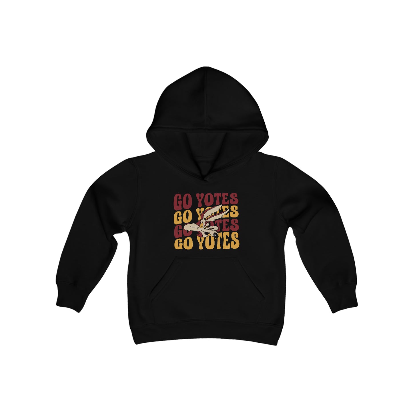 Shelby Coyotes Go Yotes with Mascot Youth Heavy Blend Hooded Sweatshirt in White or Grey, Black, or Heathered Charcoal