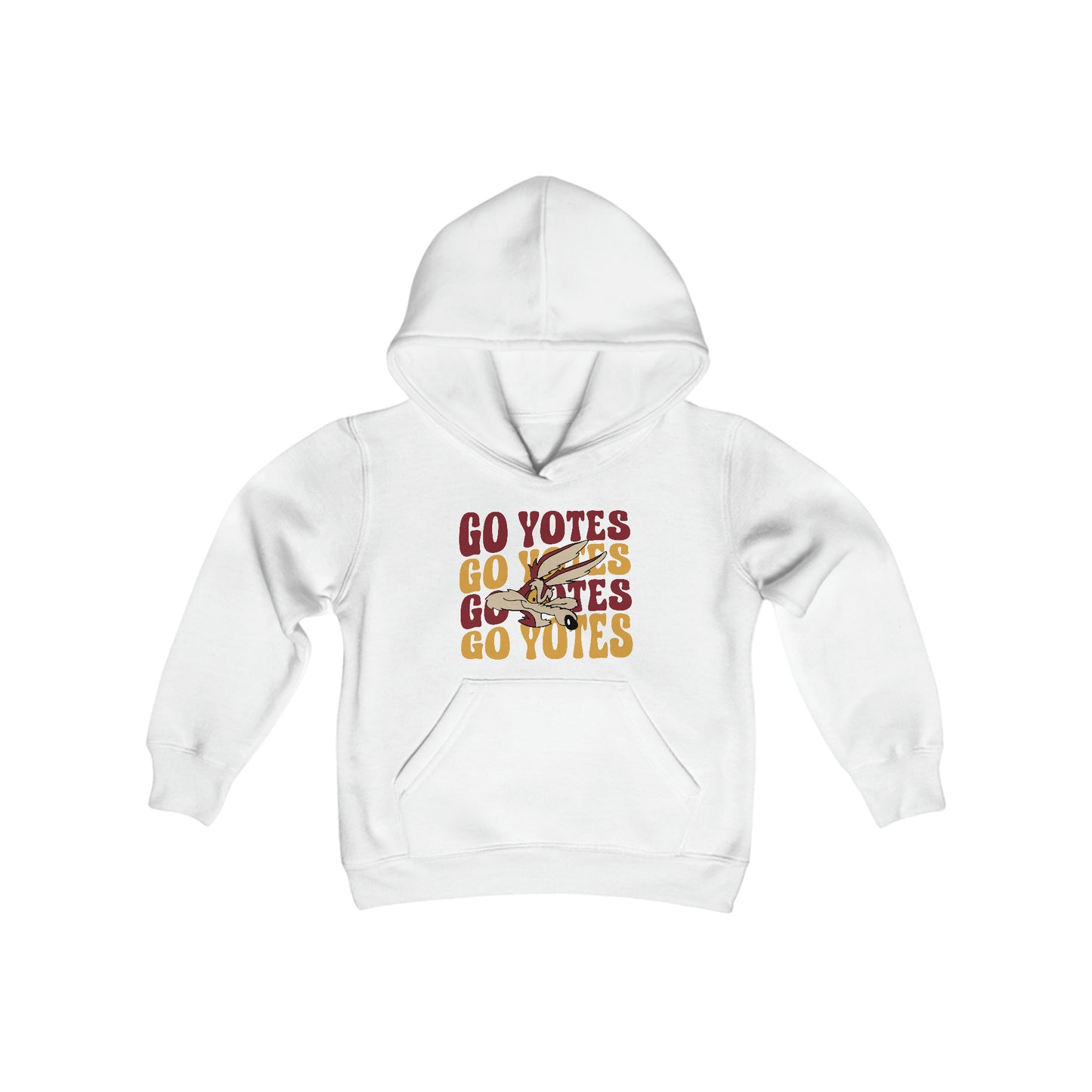 Shelby Coyotes Go Yotes with Mascot Youth Heavy Blend Hooded Sweatshirt in White or Grey, Black, or Heathered Charcoal