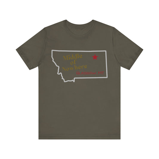 Naked Acres Middle of Nowhere Adult Unisex Jersey Short Sleeve Tee in Black, Deep Heather, Natural, or Army